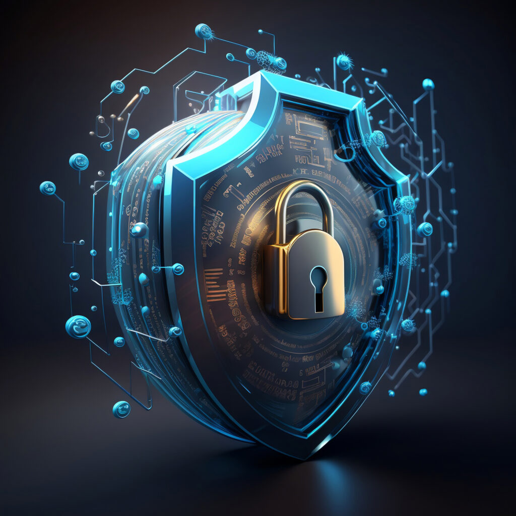 "A 3D rendering representing privacy and data protection, featuring a shield with a golden padlock at its center, surrounded by digital network connections—symbolising cybersecurity in the digital age."