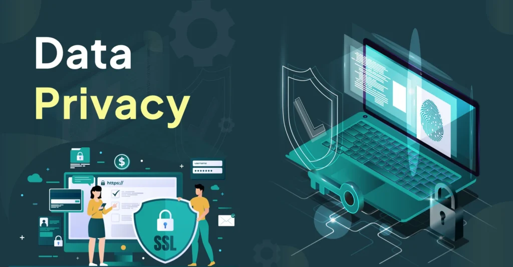 Data privacy illustration showing a laptop with a fingerprint lock, and two figures protecting data with an SSL shield.